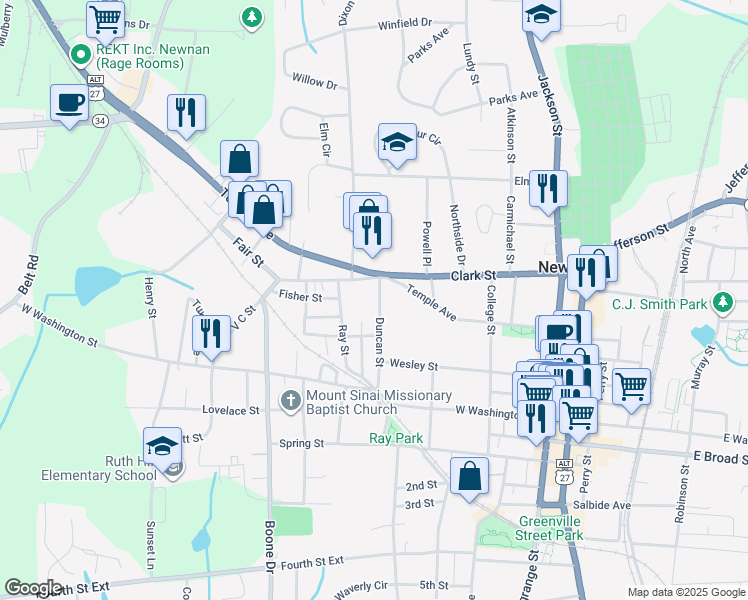 map of restaurants, bars, coffee shops, grocery stores, and more near 46 Richard Allen Drive in Newnan
