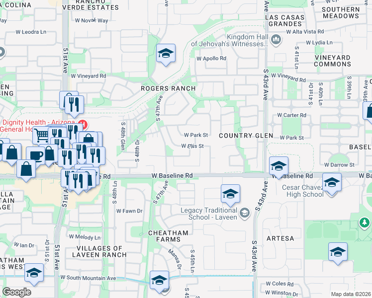 map of restaurants, bars, coffee shops, grocery stores, and more near 4609 West Ellis Street in Phoenix
