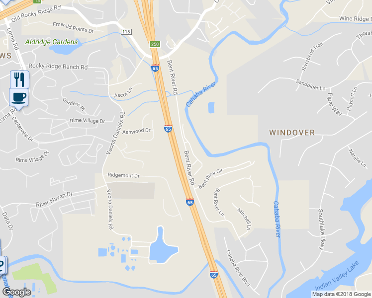 map of restaurants, bars, coffee shops, grocery stores, and more near Bent River Road in Birmingham