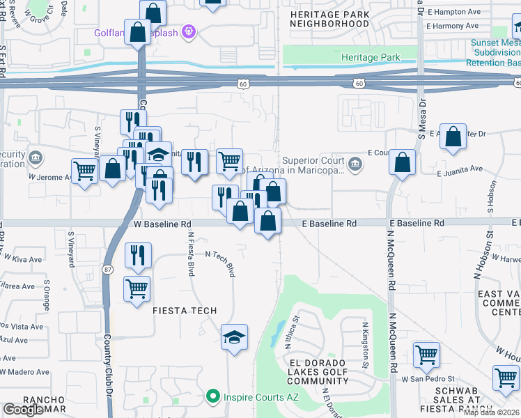 map of restaurants, bars, coffee shops, grocery stores, and more near 20 West Baseline Road in Mesa