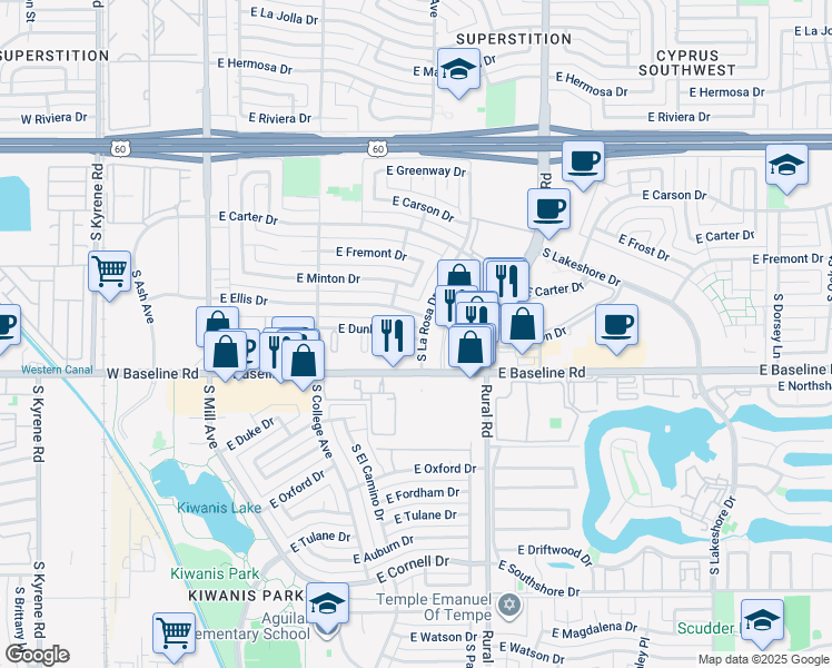 map of restaurants, bars, coffee shops, grocery stores, and more near 610 East Dunbar Drive in Tempe