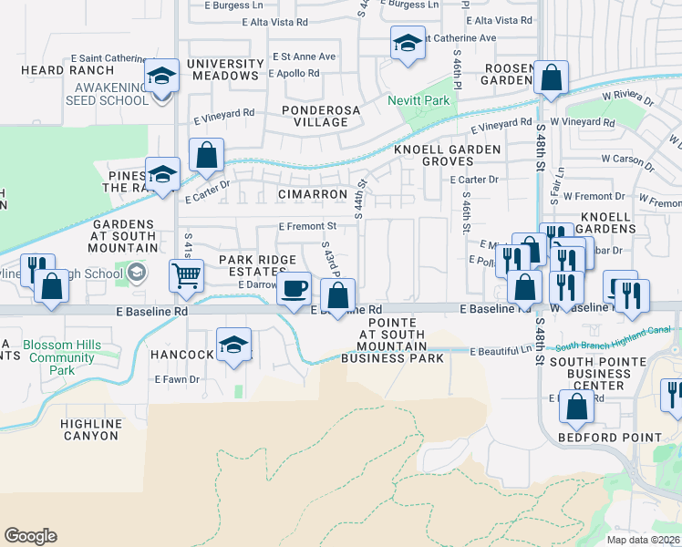 map of restaurants, bars, coffee shops, grocery stores, and more near 4318 East Ellis Street in Phoenix