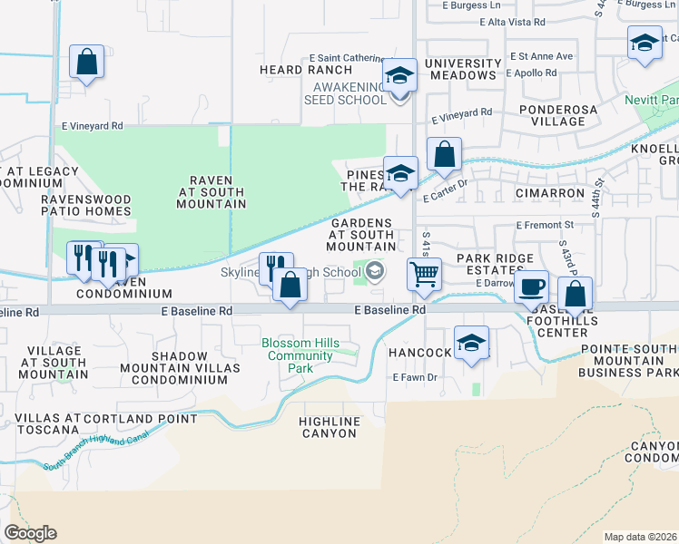 map of restaurants, bars, coffee shops, grocery stores, and more near 3815 East Pollack Street in Phoenix