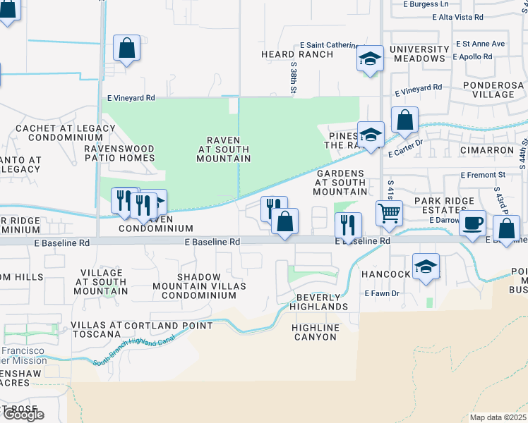 map of restaurants, bars, coffee shops, grocery stores, and more near 3606 East Baseline Road in Phoenix