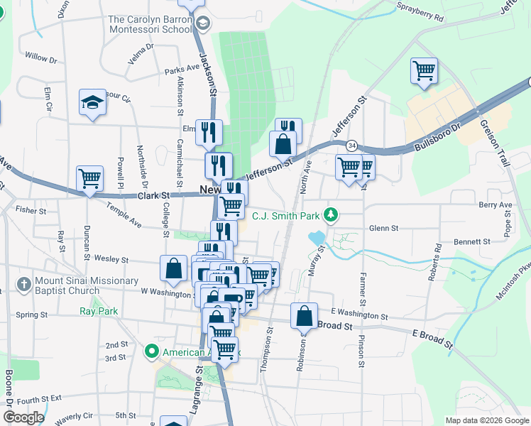 map of restaurants, bars, coffee shops, grocery stores, and more near 35-53 Augusta Dr in Newnan