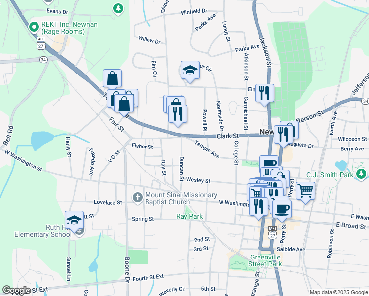 map of restaurants, bars, coffee shops, grocery stores, and more near 76 Temple Avenue in Newnan