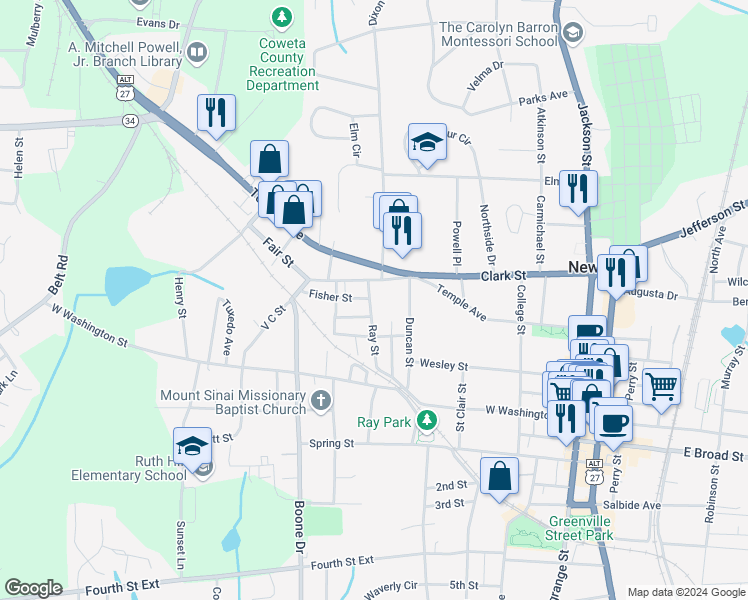 map of restaurants, bars, coffee shops, grocery stores, and more near 46 Richard Allen Drive in Newnan