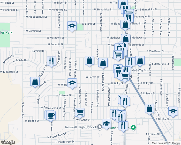 map of restaurants, bars, coffee shops, grocery stores, and more near 1200 South Lea Avenue in Roswell
