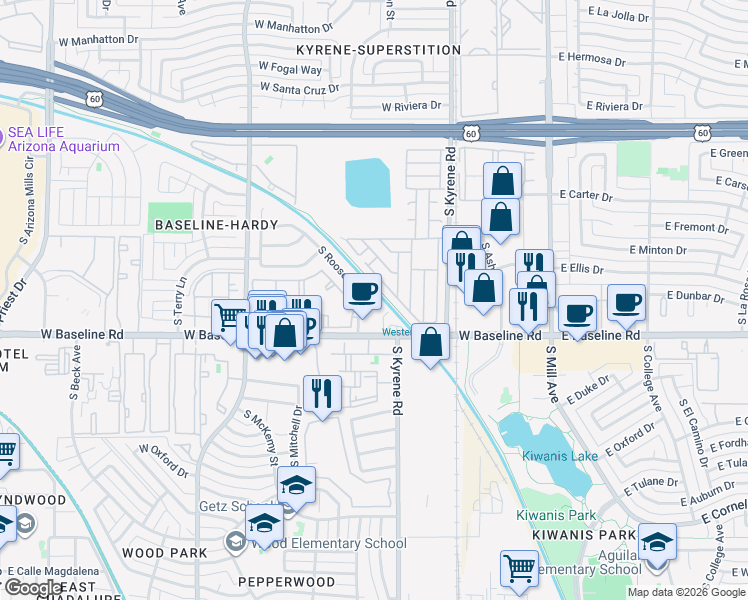 map of restaurants, bars, coffee shops, grocery stores, and more near 5071 South Roosevelt Street in Tempe