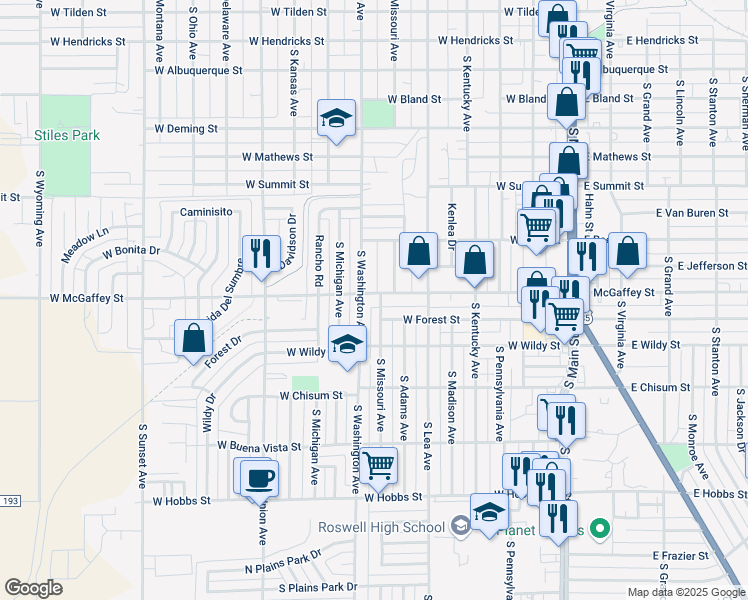 map of restaurants, bars, coffee shops, grocery stores, and more near 516 West McGaffey Street in Roswell