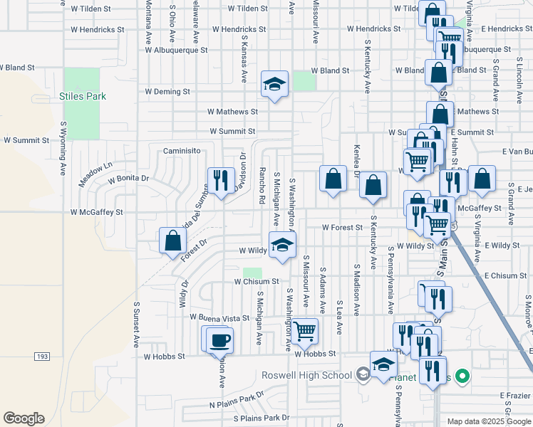 map of restaurants, bars, coffee shops, grocery stores, and more near 1201 Rancho Road in Roswell