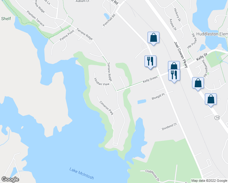 map of restaurants, bars, coffee shops, grocery stores, and more near 151 Terrane Ridge in Peachtree City