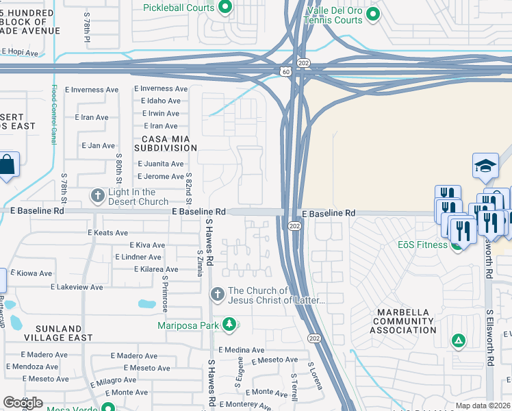 map of restaurants, bars, coffee shops, grocery stores, and more near 8350 East Baseline Road in Mesa