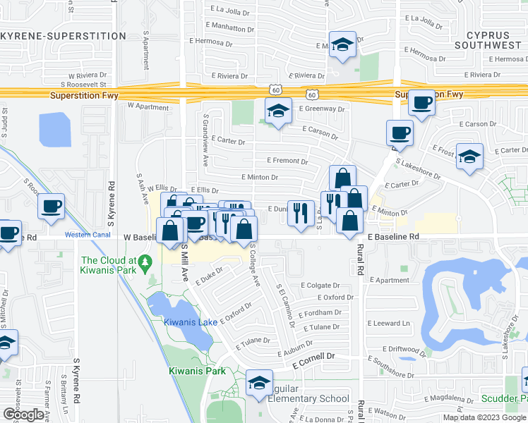 map of restaurants, bars, coffee shops, grocery stores, and more near 323 East Dunbar Drive in Tempe
