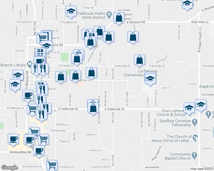 map of restaurants, bars, coffee shops, grocery stores, and more near 364 Shady Glen Drive in Fallbrook