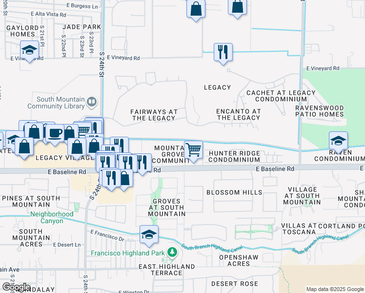 map of restaurants, bars, coffee shops, grocery stores, and more near 7413 South 27th Terrace in Phoenix