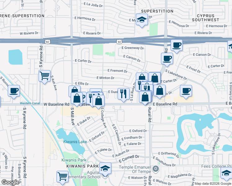 map of restaurants, bars, coffee shops, grocery stores, and more near 421 East Dunbar Drive in Tempe