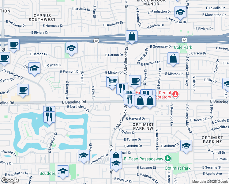 map of restaurants, bars, coffee shops, grocery stores, and more near 5100 South McClintock Drive in Tempe