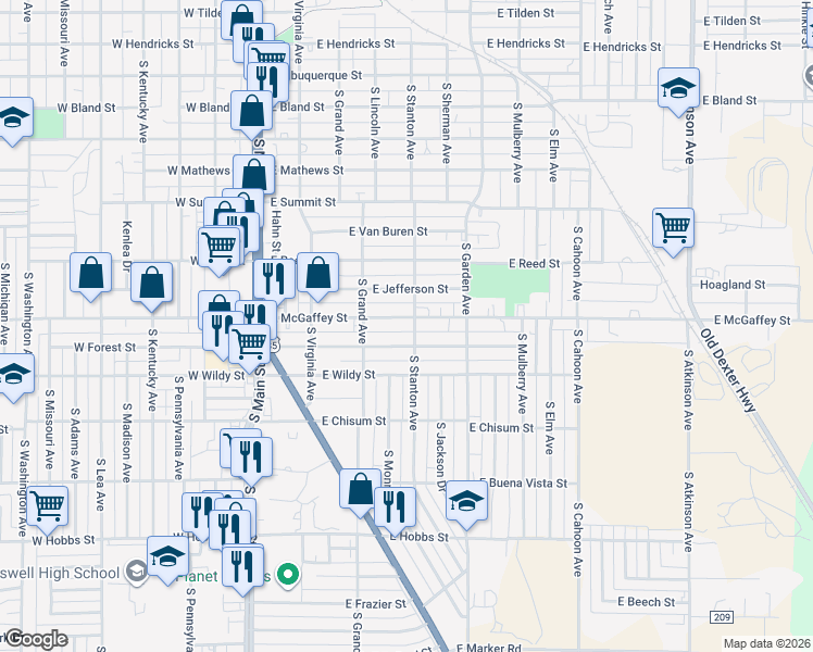 map of restaurants, bars, coffee shops, grocery stores, and more near 318 East McGaffey Street in Roswell