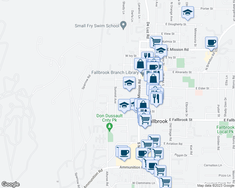 map of restaurants, bars, coffee shops, grocery stores, and more near 336 Summit Ave in Fallbrook
