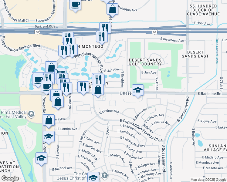 map of restaurants, bars, coffee shops, grocery stores, and more near 7196 East Baseline Road in Mesa