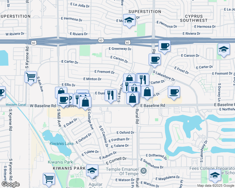 map of restaurants, bars, coffee shops, grocery stores, and more near 610 East Dunbar Drive in Tempe
