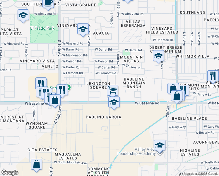 map of restaurants, bars, coffee shops, grocery stores, and more near 7409 South 15th Lane in Phoenix