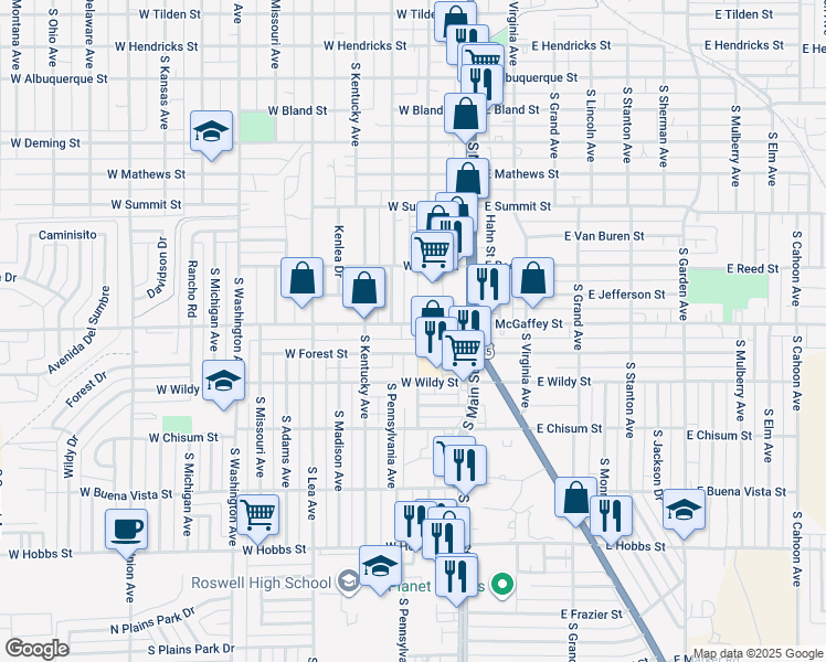 map of restaurants, bars, coffee shops, grocery stores, and more near 1200 S Richardson Ave in Roswell