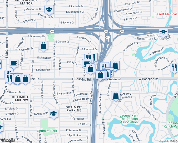 map of restaurants, bars, coffee shops, grocery stores, and more near 5042 South Price Road in Tempe