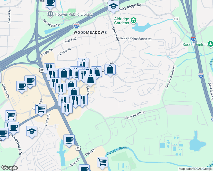 map of restaurants, bars, coffee shops, grocery stores, and more near 2231 Victory Lane in Vestavia Hills