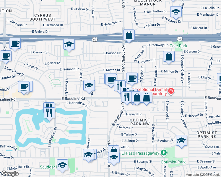 map of restaurants, bars, coffee shops, grocery stores, and more near 5100 South McClintock Drive in Tempe