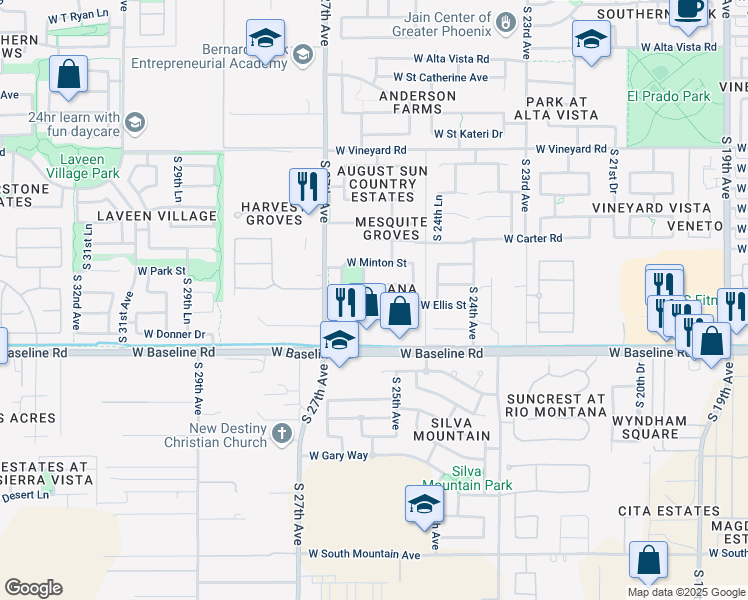 map of restaurants, bars, coffee shops, grocery stores, and more near 7411 S 26th Dr in Phoenix