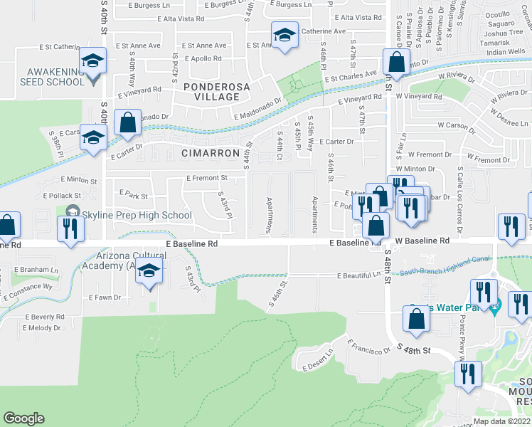 map of restaurants, bars, coffee shops, grocery stores, and more near 4424 East Baseline Road in Phoenix