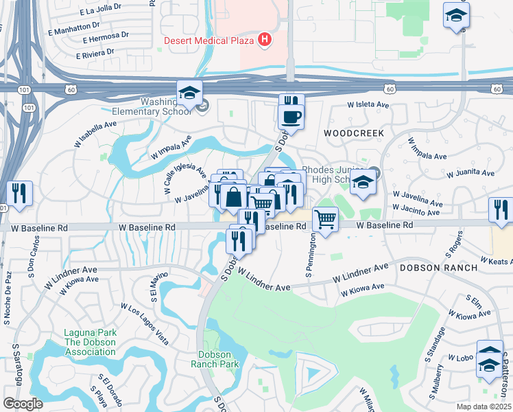 map of restaurants, bars, coffee shops, grocery stores, and more near 1999 South Dobson Road in Mesa