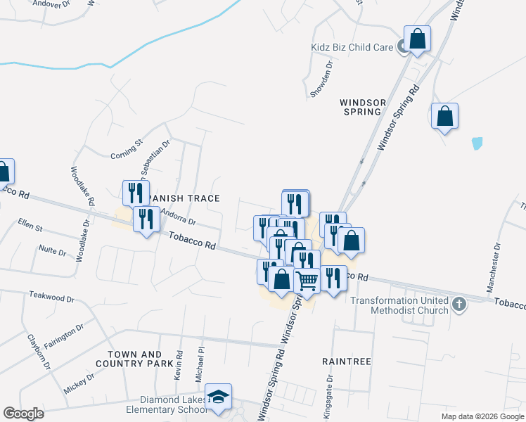 map of restaurants, bars, coffee shops, grocery stores, and more near 3693 Windsor Spring Road in Hephzibah