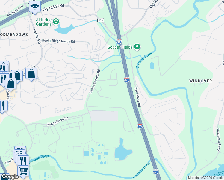 map of restaurants, bars, coffee shops, grocery stores, and more near 7001 Rime Village Drive East in Hoover