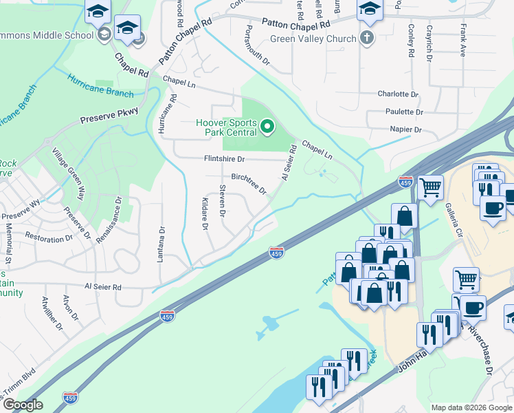 map of restaurants, bars, coffee shops, grocery stores, and more near 1506 Al Seier Road in Hoover