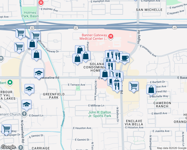 map of restaurants, bars, coffee shops, grocery stores, and more near 4864 East Baseline Road in Mesa