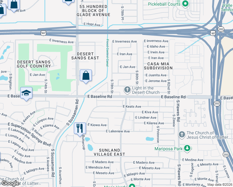 map of restaurants, bars, coffee shops, grocery stores, and more near 7820 East Baseline Road in Mesa