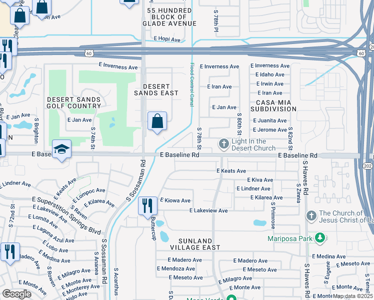 map of restaurants, bars, coffee shops, grocery stores, and more near 7726 East Baseline Road in Mesa