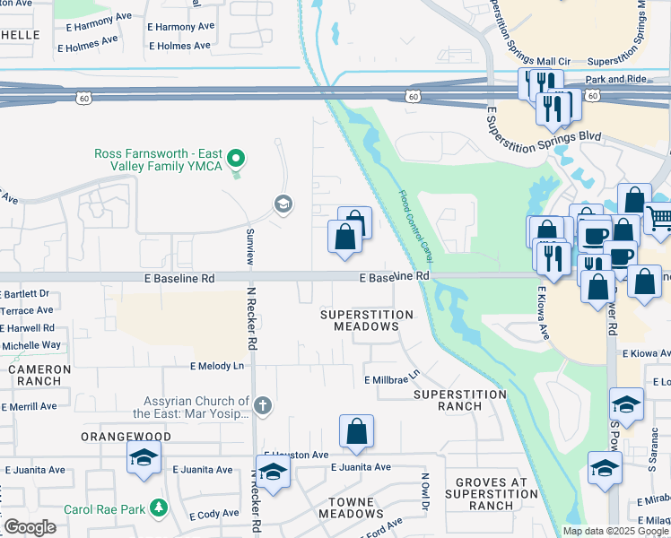 map of restaurants, bars, coffee shops, grocery stores, and more near 6056 East Baseline Road in Mesa