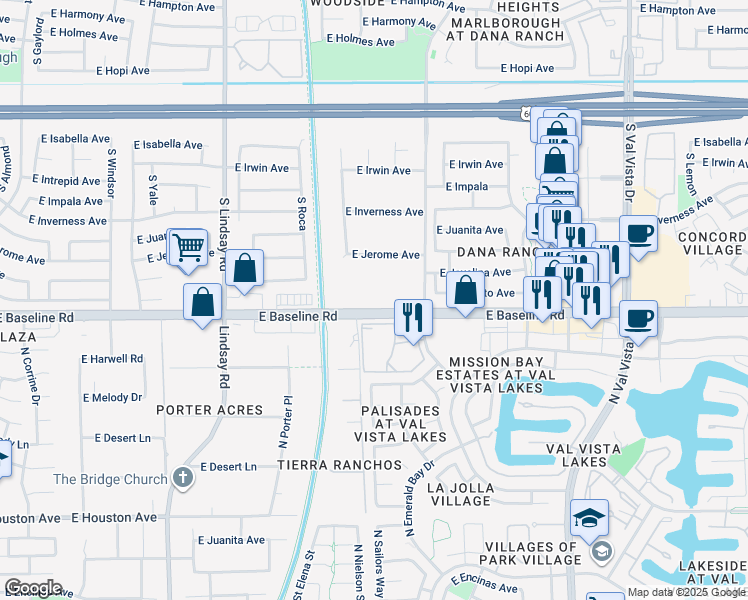 map of restaurants, bars, coffee shops, grocery stores, and more near 3048 East Baseline Road in Mesa