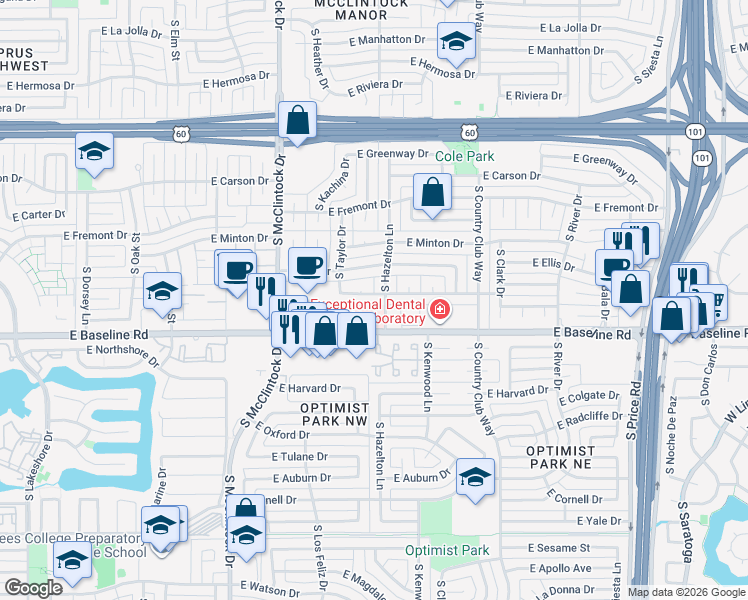 map of restaurants, bars, coffee shops, grocery stores, and more near 1905 East Dunbar Drive in Tempe