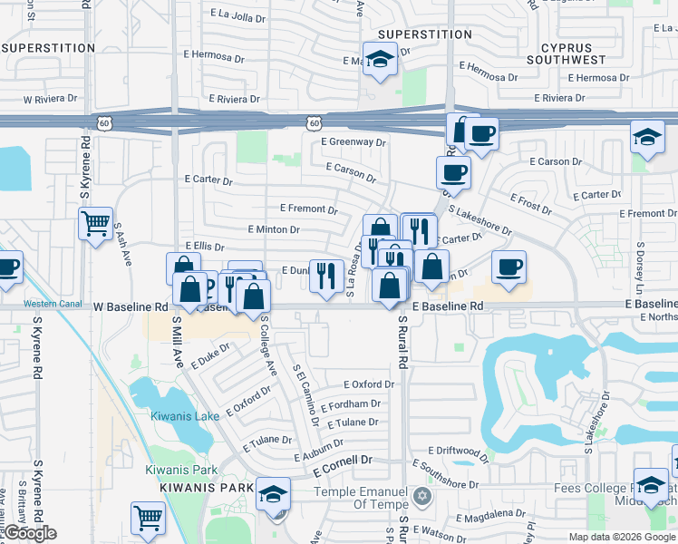map of restaurants, bars, coffee shops, grocery stores, and more near 610 East Dunbar Drive in Tempe