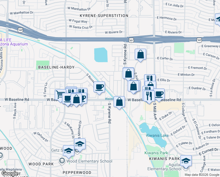 map of restaurants, bars, coffee shops, grocery stores, and more near 5071 South Roosevelt Street in Tempe