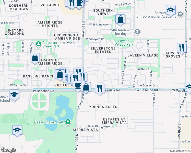 map of restaurants, bars, coffee shops, grocery stores, and more near 3422 West Baseline Road in Phoenix