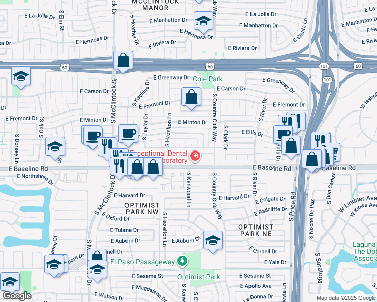 map of restaurants, bars, coffee shops, grocery stores, and more near 1941 East Dunbar Drive in Tempe