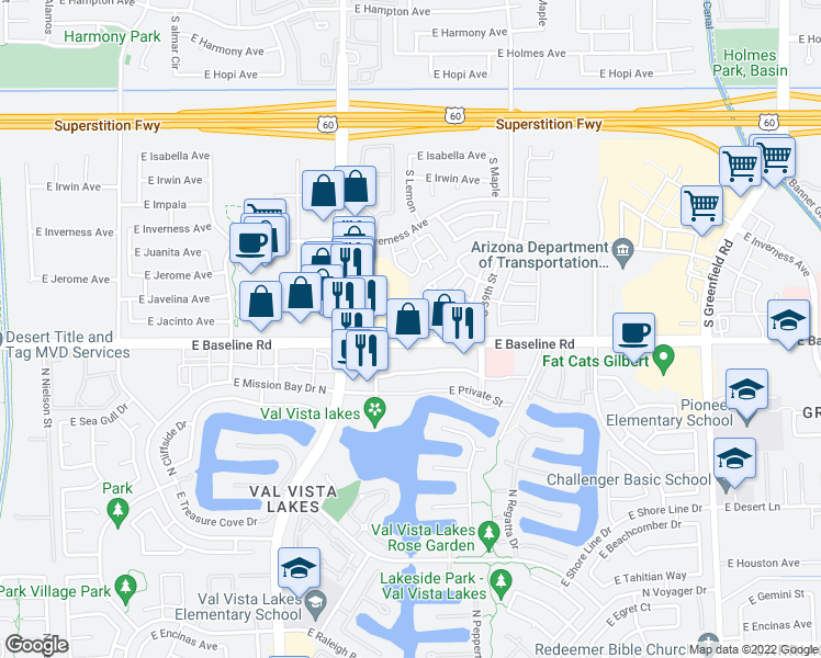 map of restaurants, bars, coffee shops, grocery stores, and more near 3820 East Baseline Road in Mesa