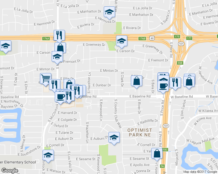 map of restaurants, bars, coffee shops, grocery stores, and more near 1971 East Dunbar Drive in Tempe