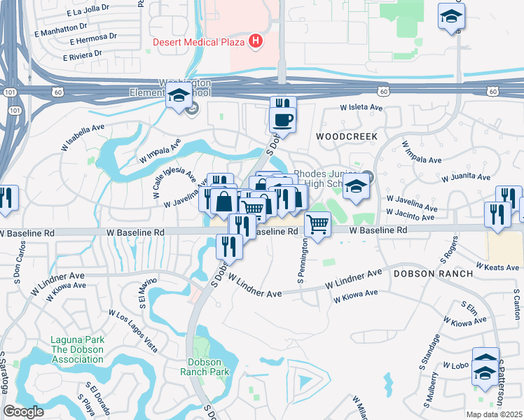map of restaurants, bars, coffee shops, grocery stores, and more near 1916 West Baseline Road in Mesa